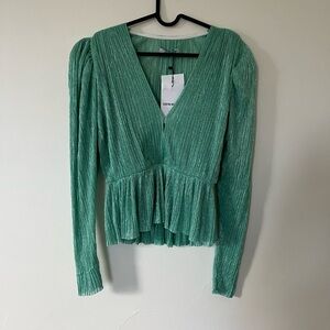 Sabina Musayev Mint Green Pleated V-Neck Peplum Blouse